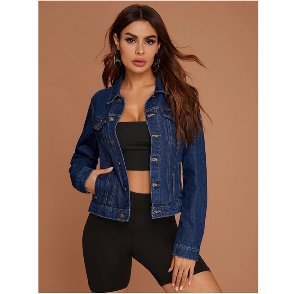 Dark Wash Blue Denim Jean Jacket Classic Button Up / Down Front Pockets - Picture 6 of 9